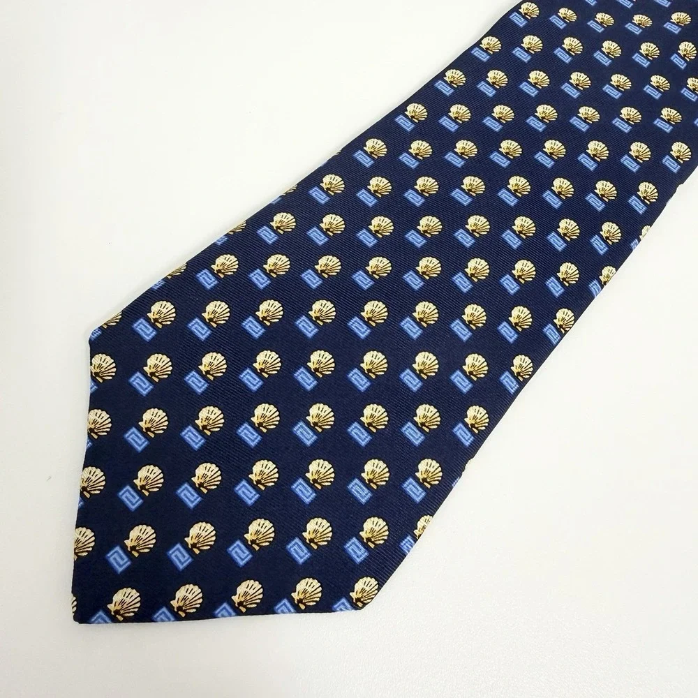 Versace Men's Recent Tie Greek Key Shells Navy/Khaki Silk 3.5